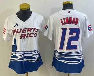 Womens Puerto Rico Baseball #12 Francisco Lindor 2023 White World Classic Stitched Jersey